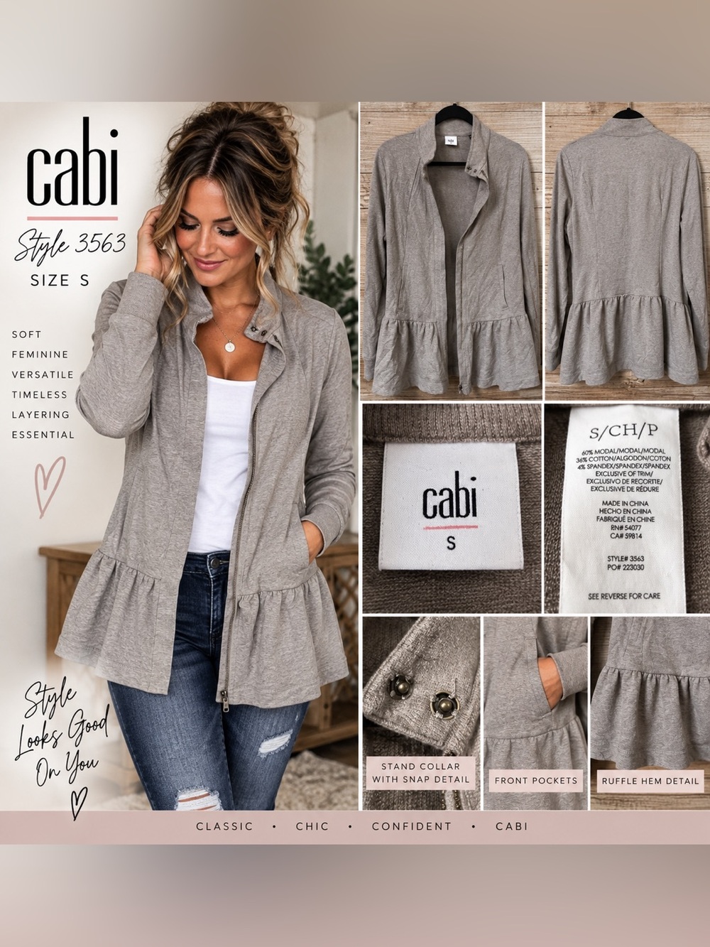 CAbi Ruffle Peplum Knit Jacket Cardigan Taupe Gray Size S